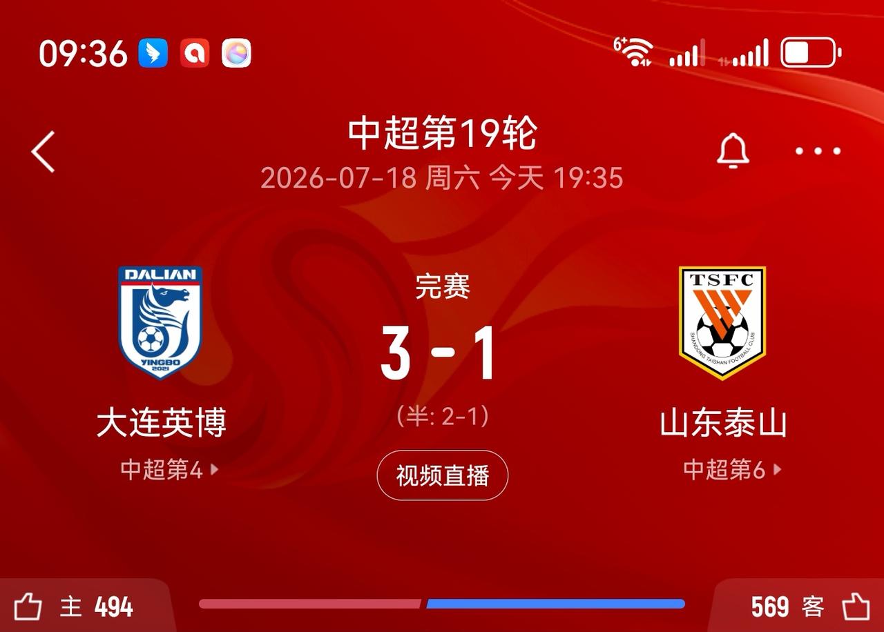 中超第19轮山东泰山客场1:3输给大连英博，本赛季被大连队双杀！本场比赛的内容可