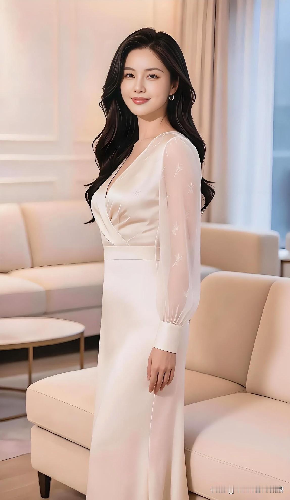 现代散文诗柔纱轻笼曼妙身姿，微光勾勒温婉轮廓。笑意浅漾，似春风拂过雅室，