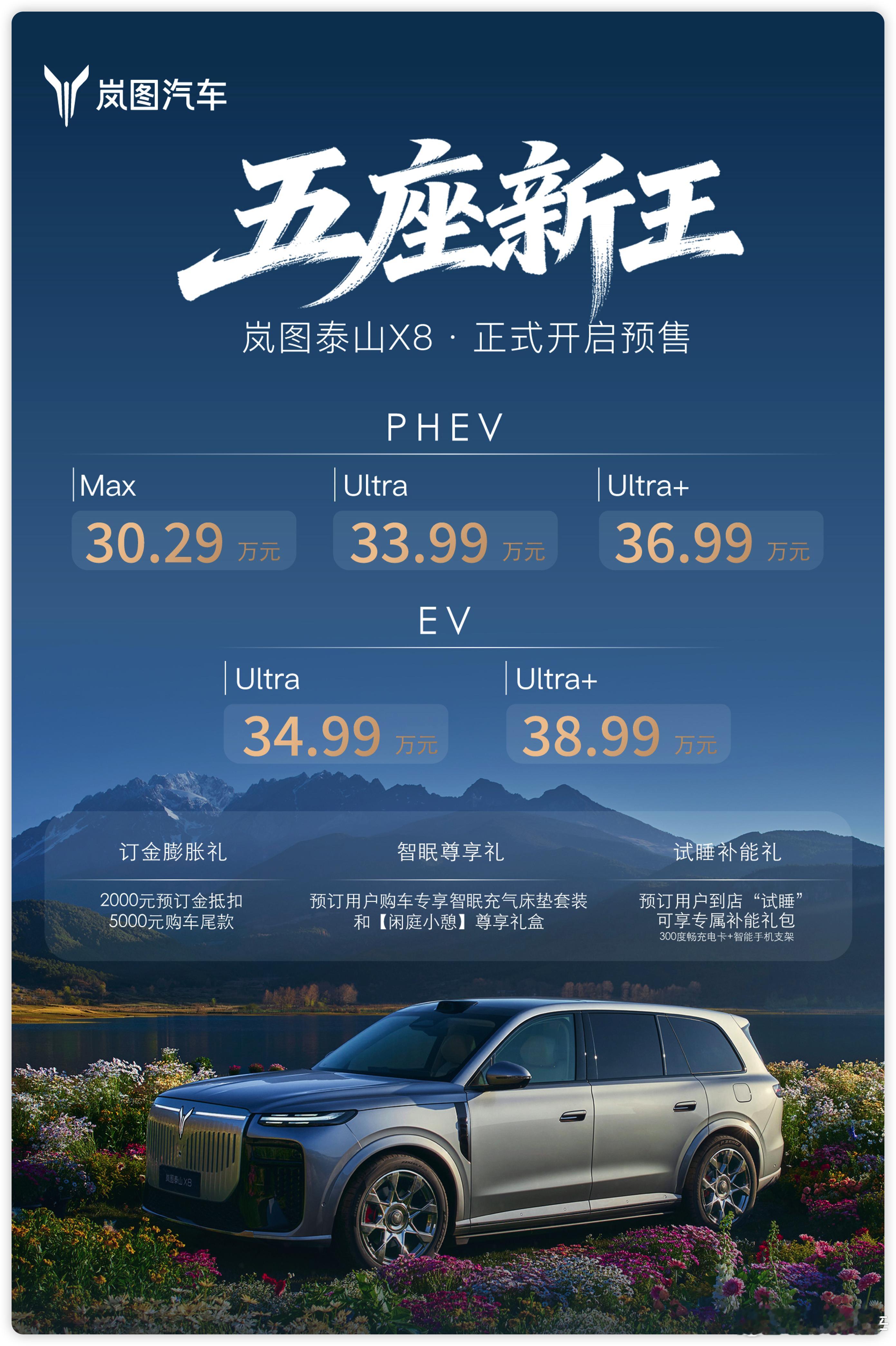 岚图泰山X8开预售了，30.29万起，大五座SUV。鸿蒙座舱5.2、华为双联屏、