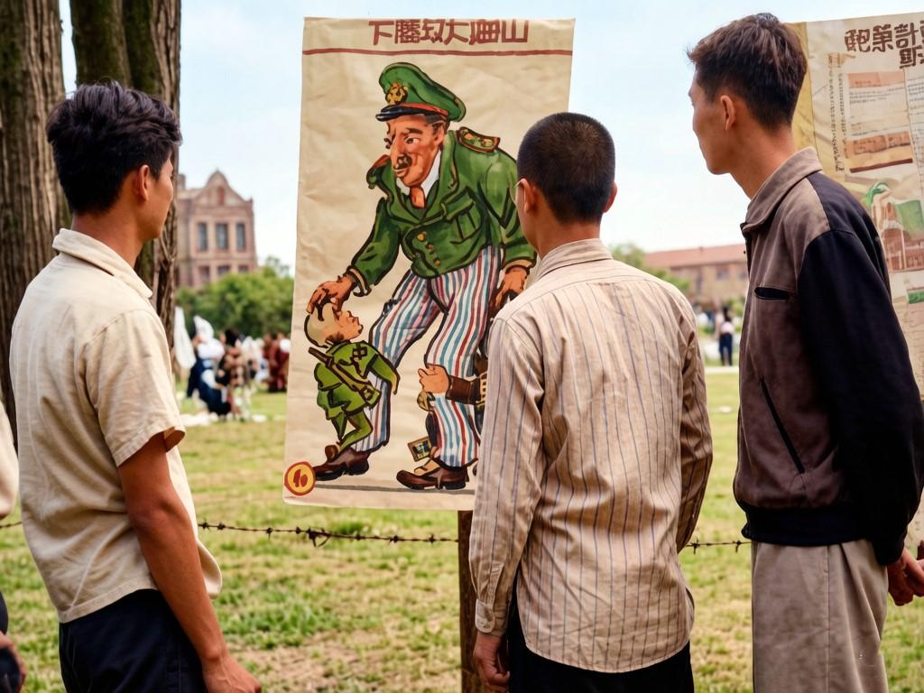 1948年5月，上海解放前夕，几名上海交通大学的学生正驻足观看悬挂在校园内的一幅