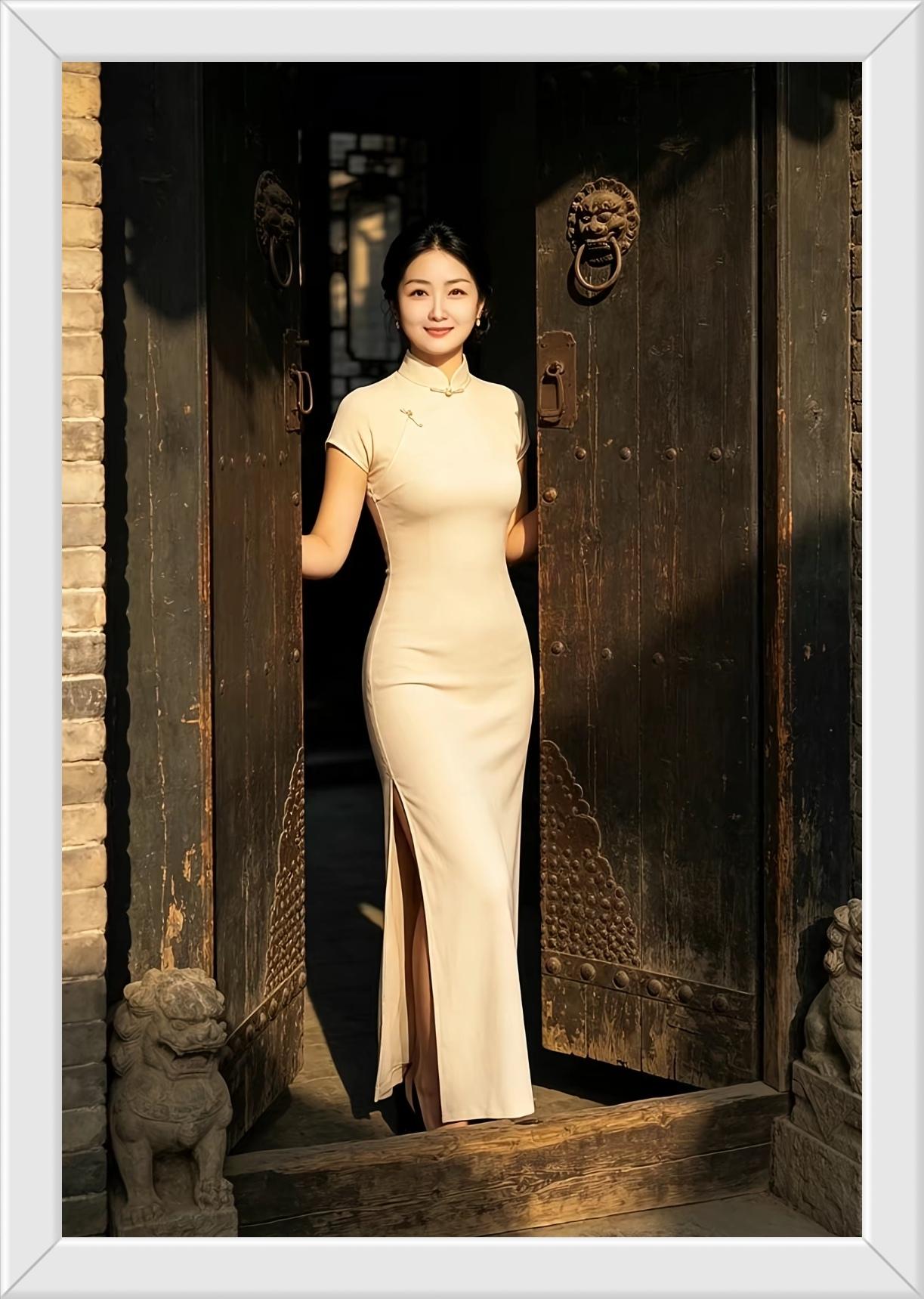 她身着一袭旗袍，那细腻的丝绸质感贴合着身体曲线，勾勒出东方女性独有的温婉与优雅。