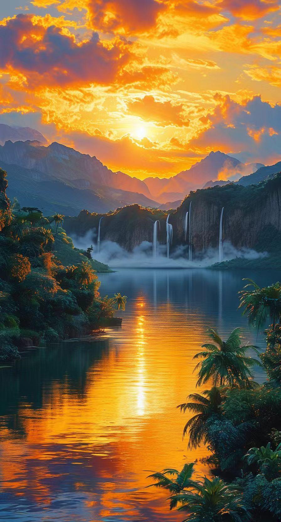 日落时分，瀑布飞流直下，云雾缭绕，宛如仙境。