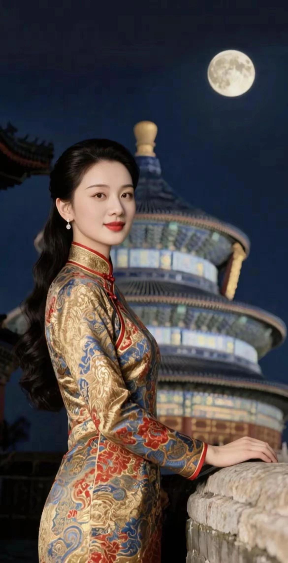 天坛月华，云锦旗袍靓丽风景，囯风古韵非遗传承，旗袍美人雍容华贵，仪态万