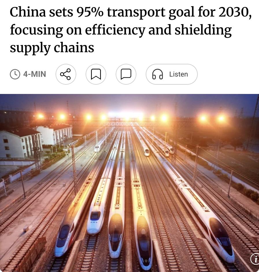 外媒：中国交通运输部宣布，到2030年将核心国家交通网络完工率从91%提升至95