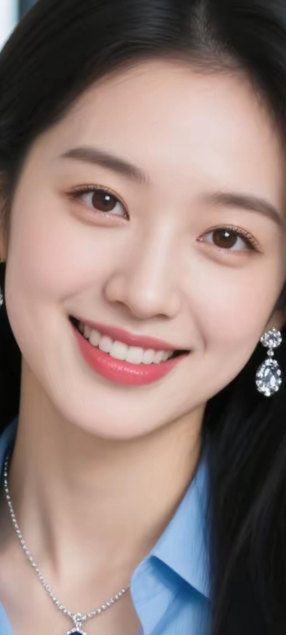 甜美笑容，闪耀耳环，优雅蓝衬衫，元气满满的一天！😊✨