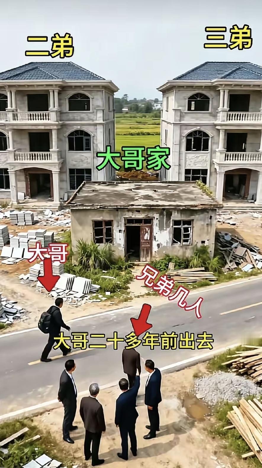 大哥二十年前去外地打工再没回过家。两个弟弟去年在村里盖了新房子，专门让大哥回来住