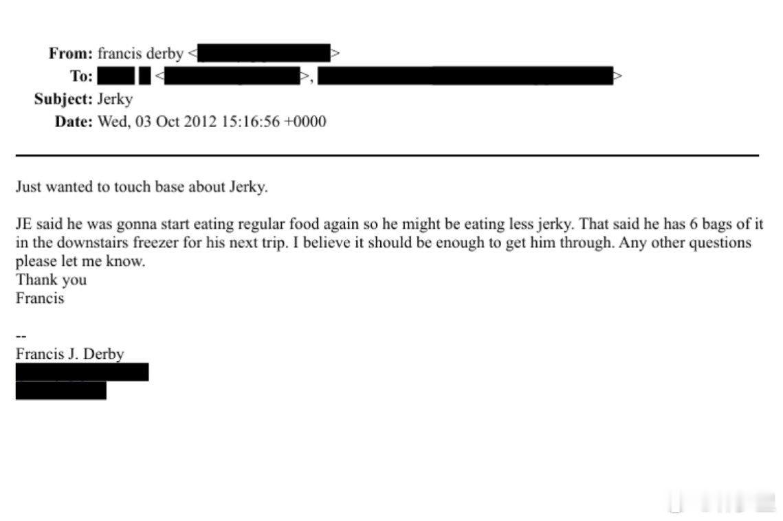 爱泼斯坦档案的邮件中，写到一名叫做francisderby的厨师，图1图2图3