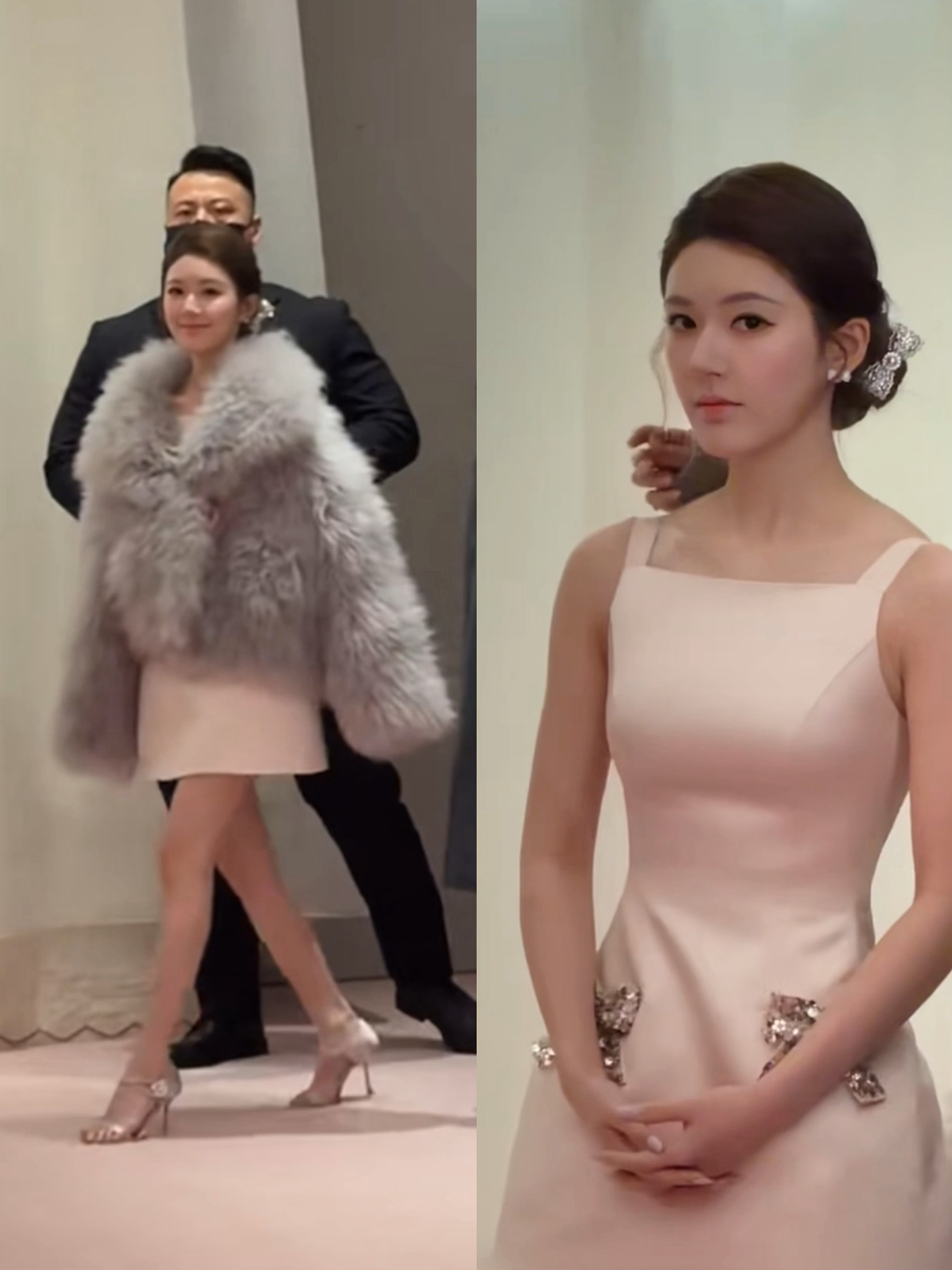 赵露思温柔粉色造型，甜美小仙女。赵露思12.7活动造型，粉色背带裙配毛绒外套，千