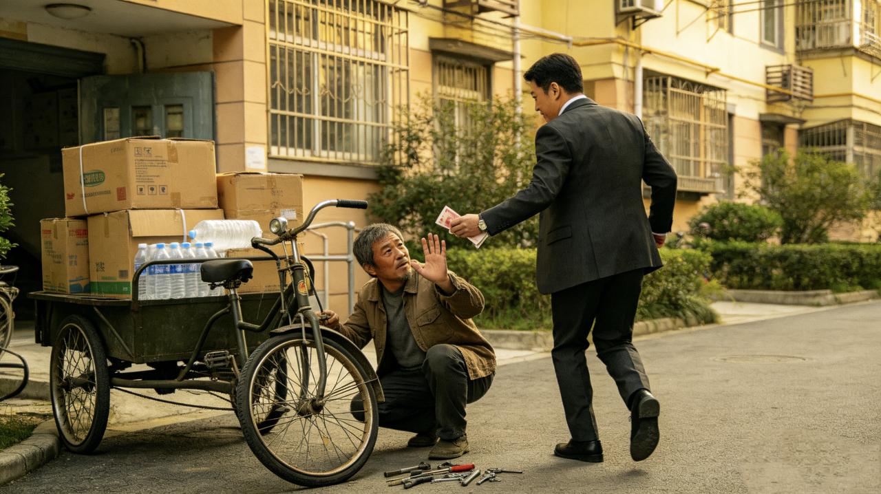 小区门口，收废品的老陈三轮车坏了，蹲在地上修。一个穿西装的男人路过，站住了，掏