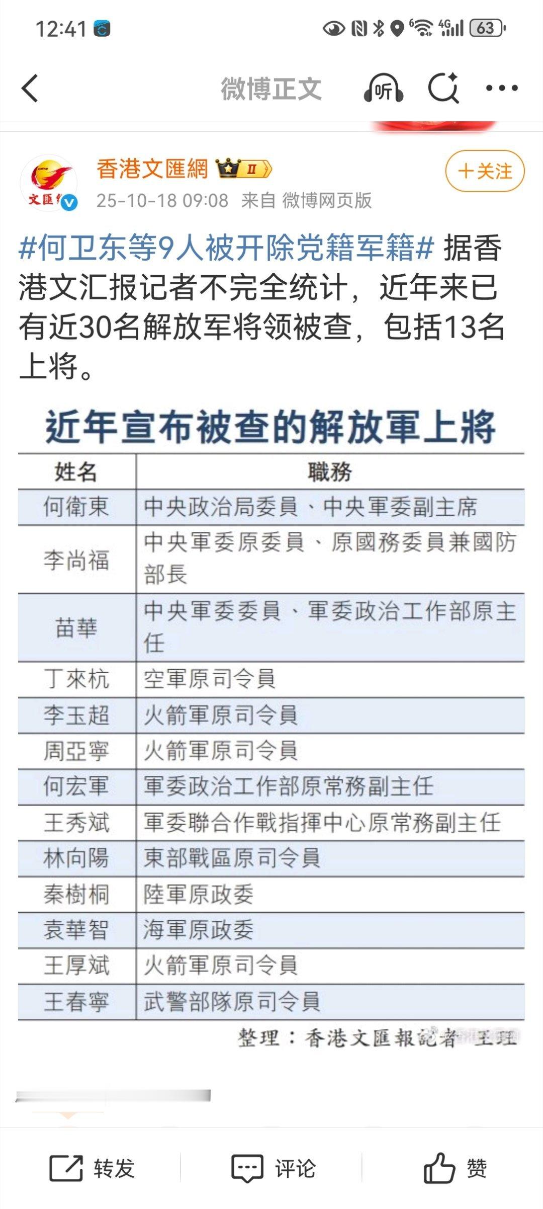 何卫东等9人被开除党籍军籍据香港文汇报记者不完全统计，近年来已有近30名解放军