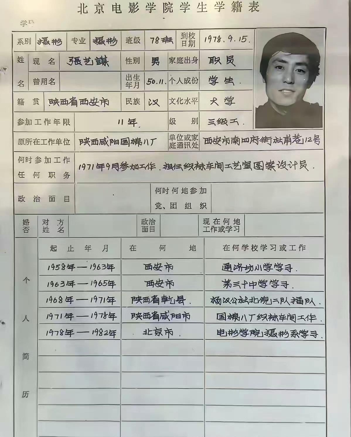 1978年，张艺谋填的学籍表字如其人，有板有眼，难怪能成大导演