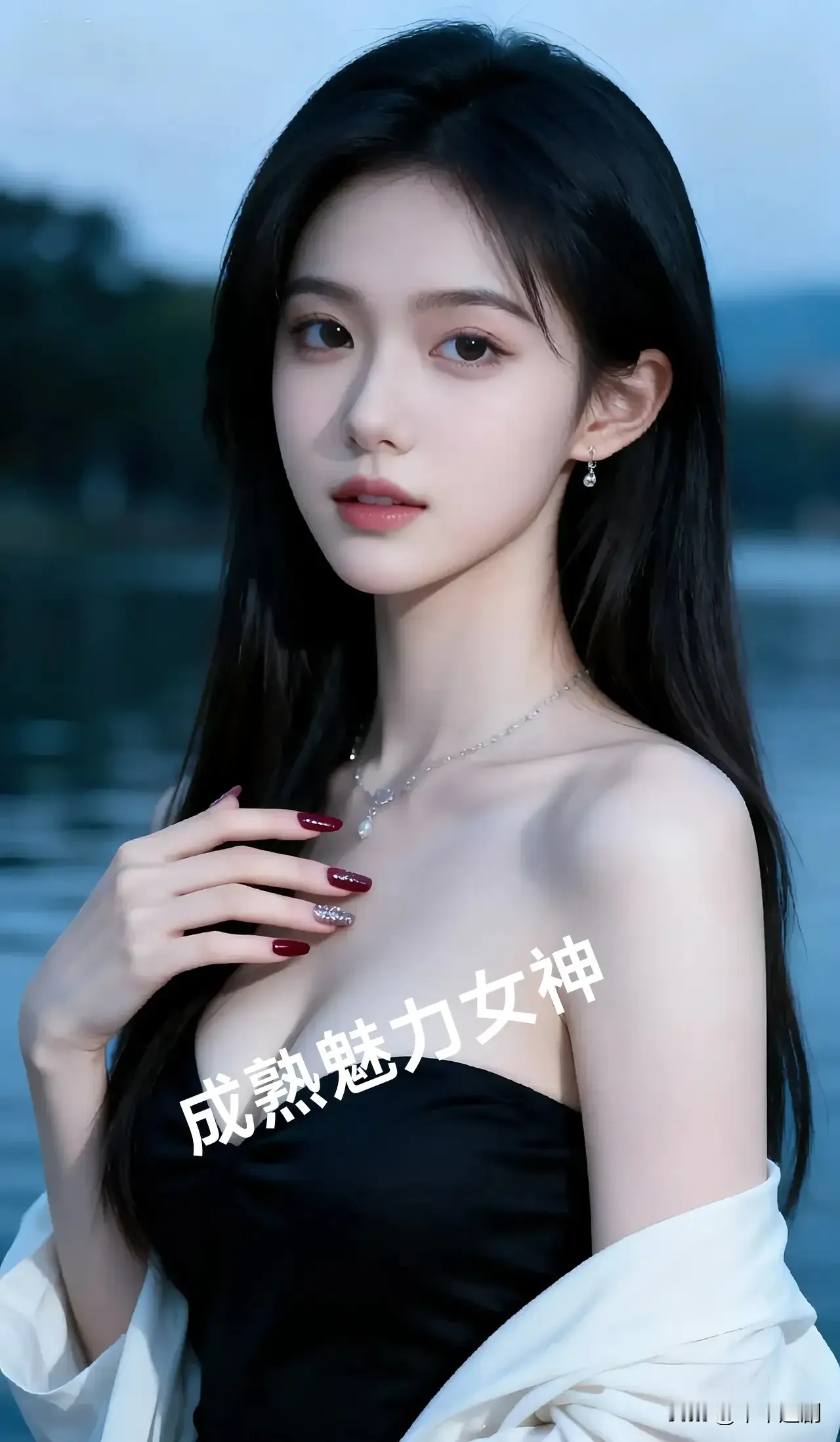 暮色湖畔，黑裙衬出优雅身姿，红甲与碎钻耳饰点缀出成熟韵味，晚风里的她...