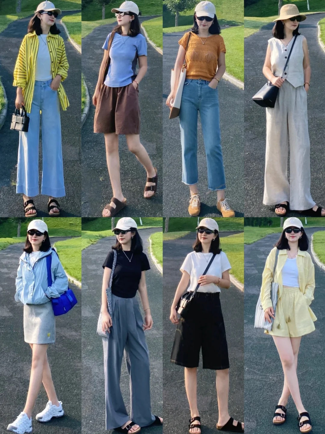 超全的夏日穿搭，从休闲到甜美气质，每一套都是模板！简洁设计的套头T恤，经典的黑白搭配牛仔裤，通过上窄