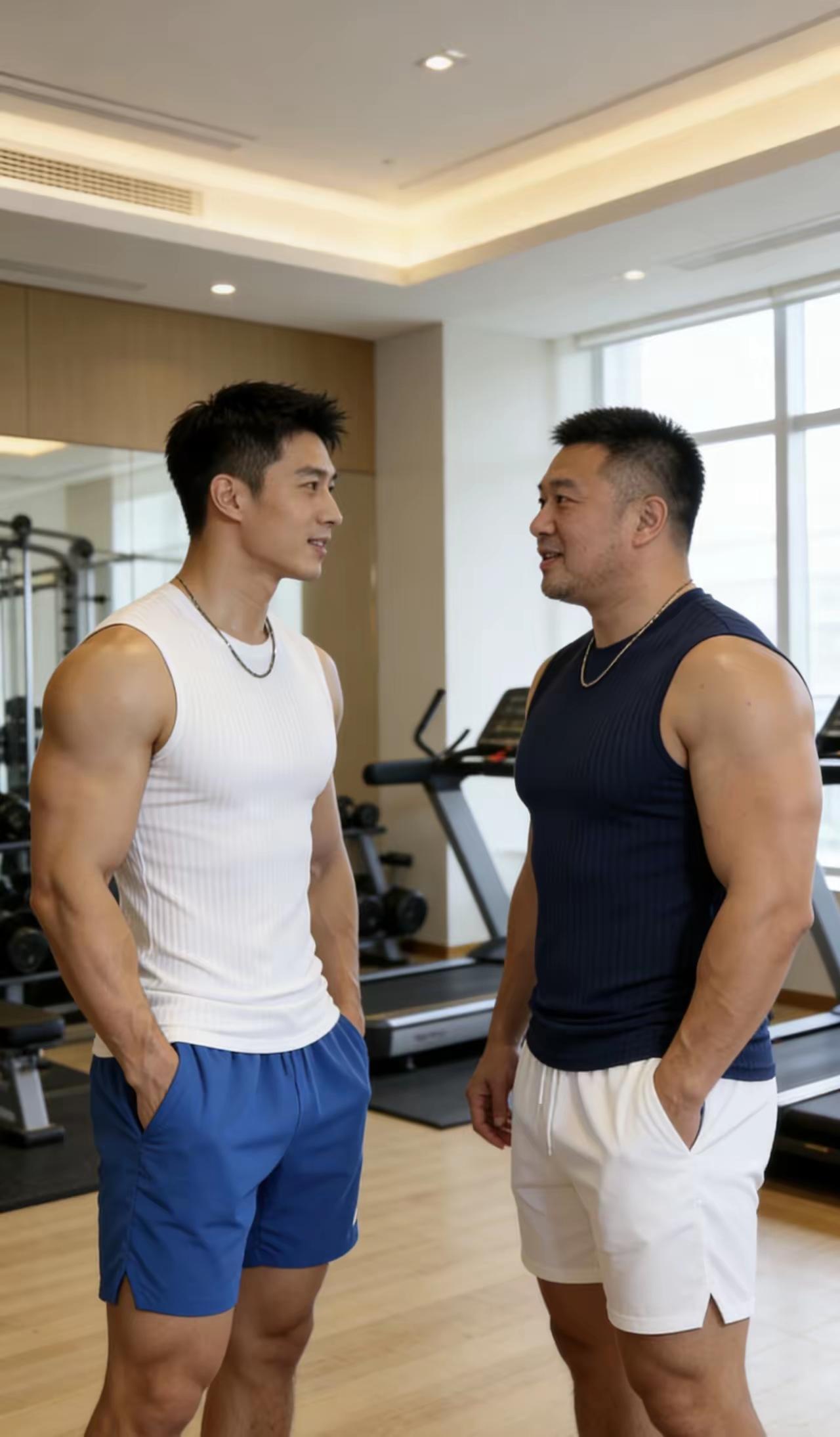 健身房偶遇两位健身达人，目光一下子就被右边穿黑色背心的大叔吸引过去了，微胖的体型