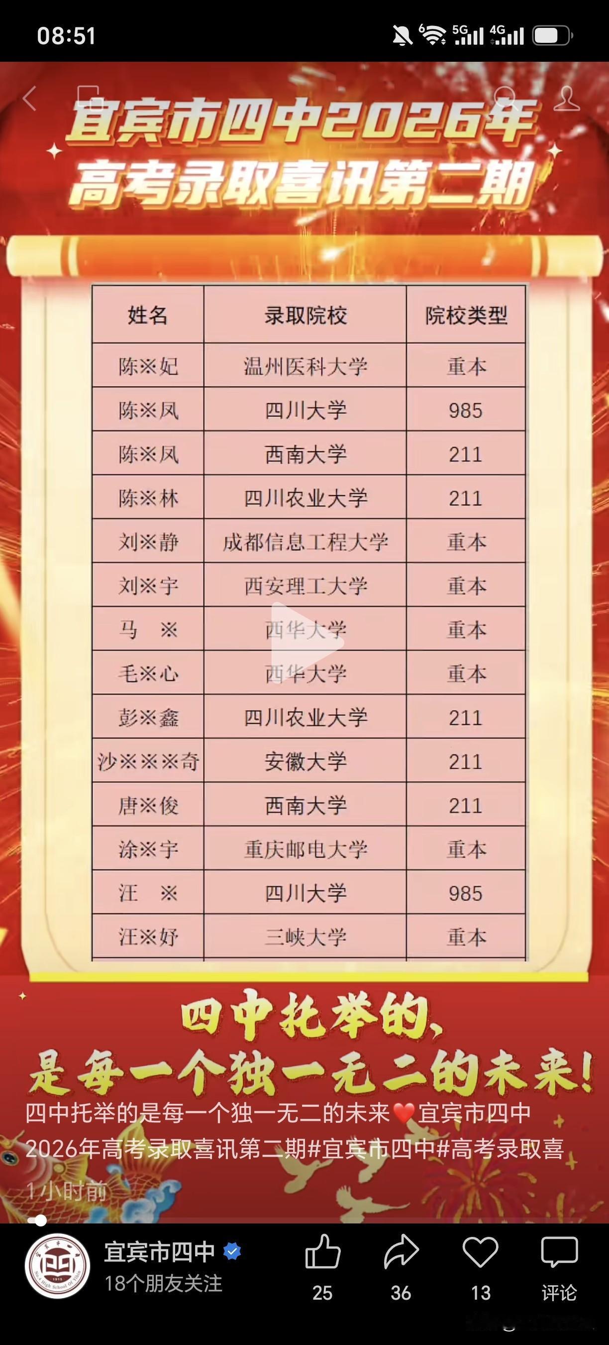 三年前只有18名同学达到211名次，今天45位同学被211以上名校录取，两期喜讯