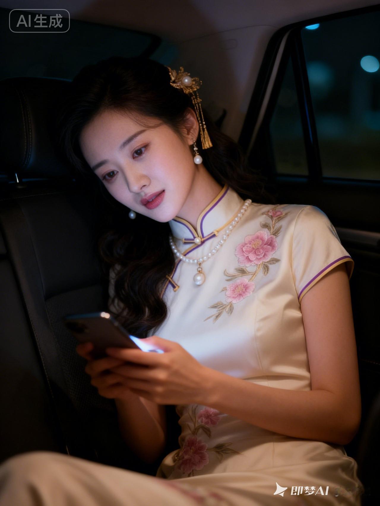 优雅旗袍女郎，夜晚车中静看手机！