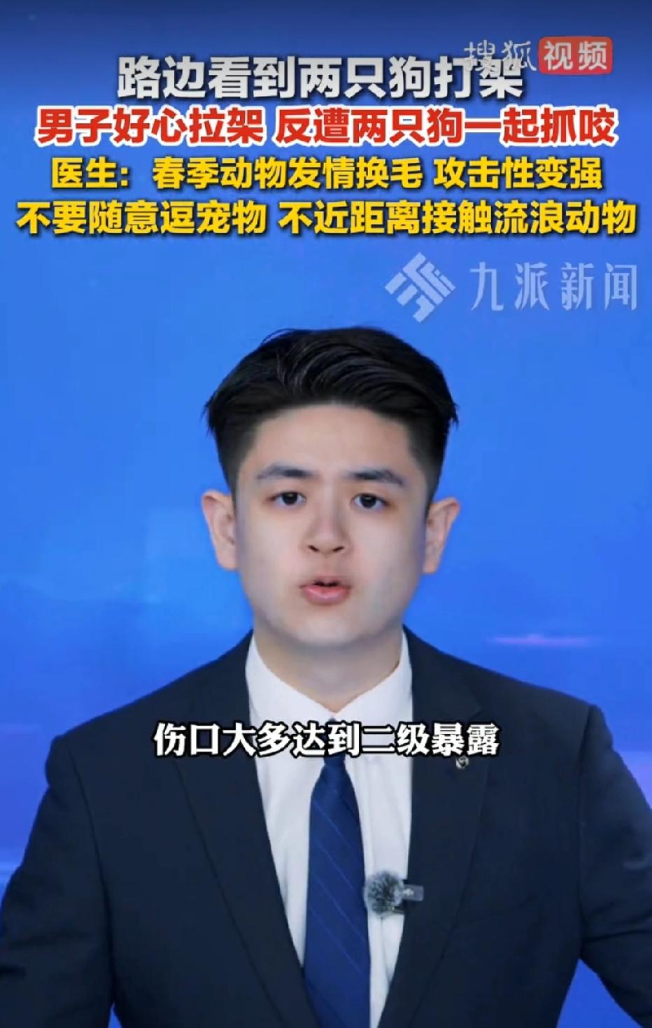 湖北武汉，男子看到两只狗在路边打架，他好心上前拉开它们，不料，两只狗受到刺激，将