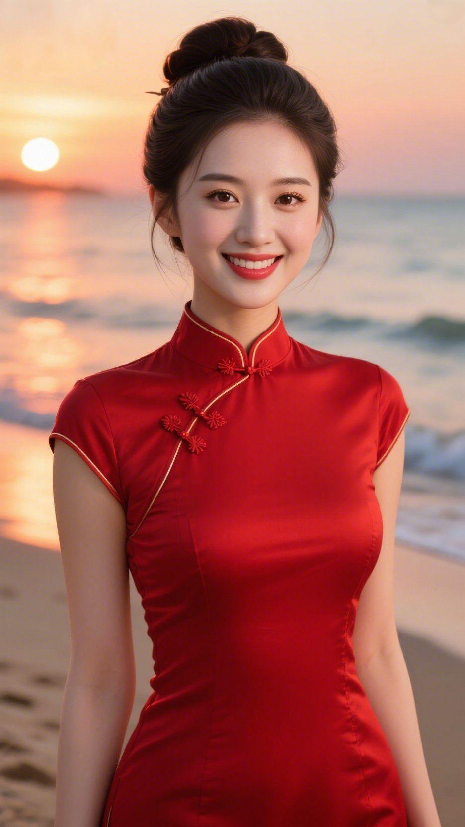 红襟栖滩边落日柔落日浸软海面时，她立在沙岸——红旗袍裹着缎面的暖，盘扣轻缀