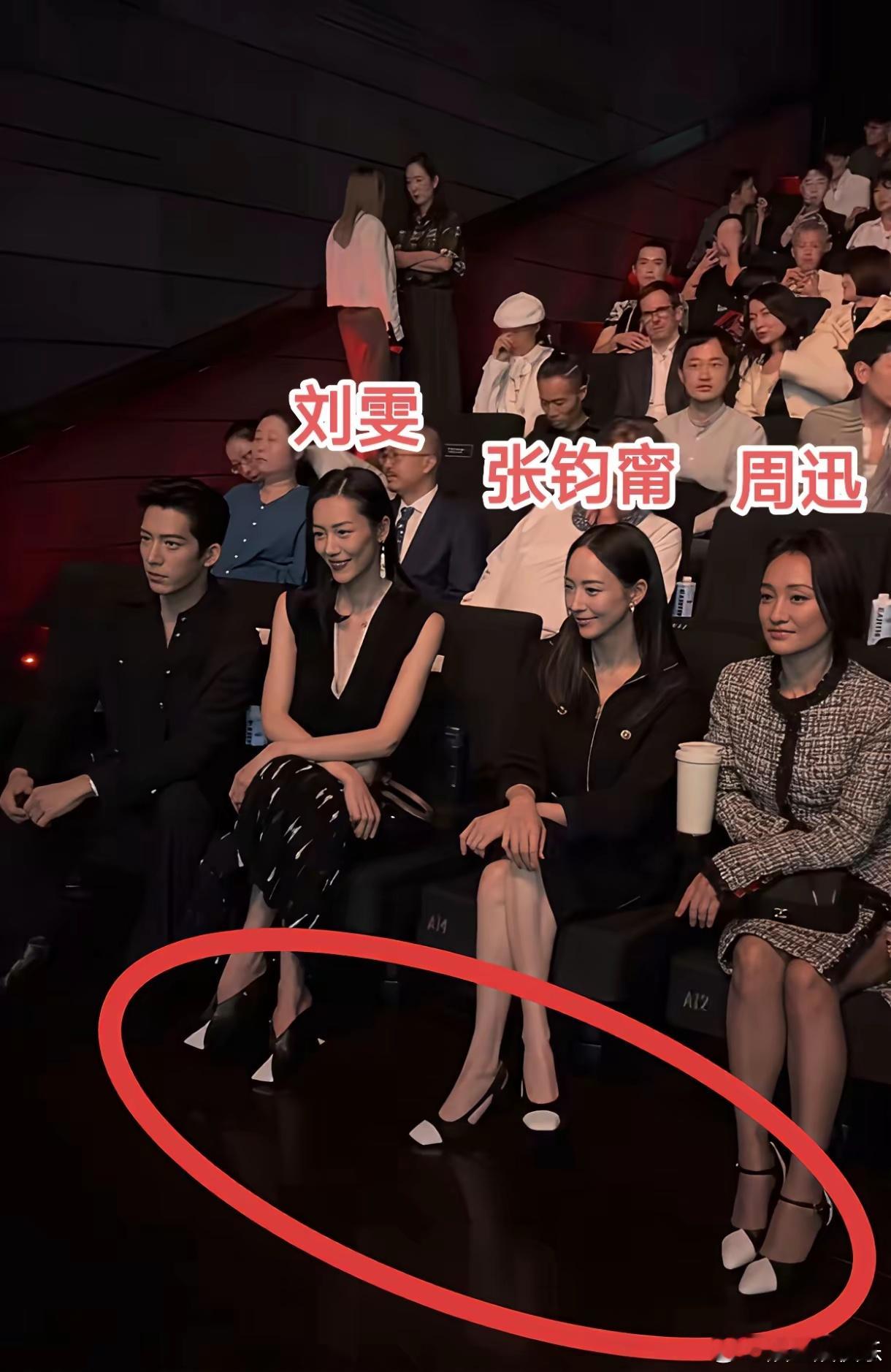 真是没想到啊，高奢品牌也搞批发，她们仨的鞋子，都是黑白两色，鞋尖都用白色点缀刘雯