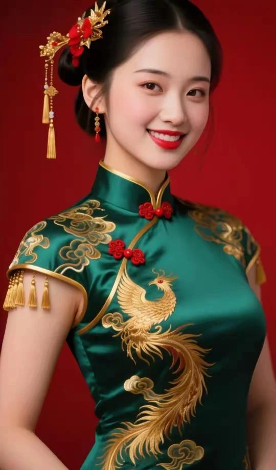 中国服饰，传统文化源远流长，精彩纷呈绣金凤凰，绿绸旗袍制作精细，雍容华贵