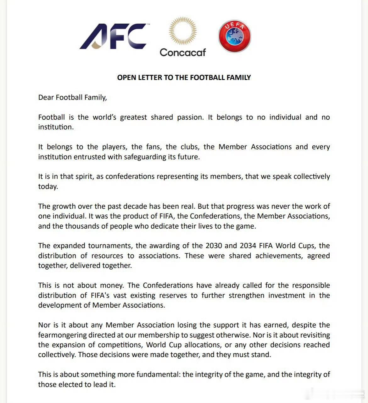 欧足联、亚足联、中北美三大核心足联联手发文声讨FIFA主席因凡蒂诺。...
