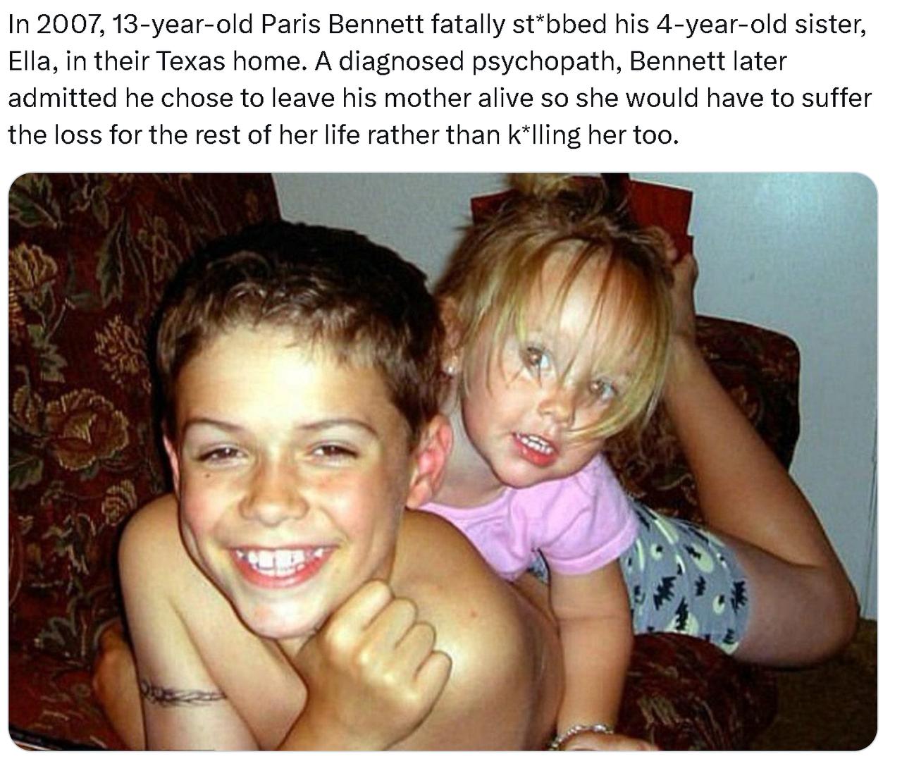 这个家族的精神病基因很强。2007年，13岁的贝内特在美国德克萨斯州的家中杀死并
