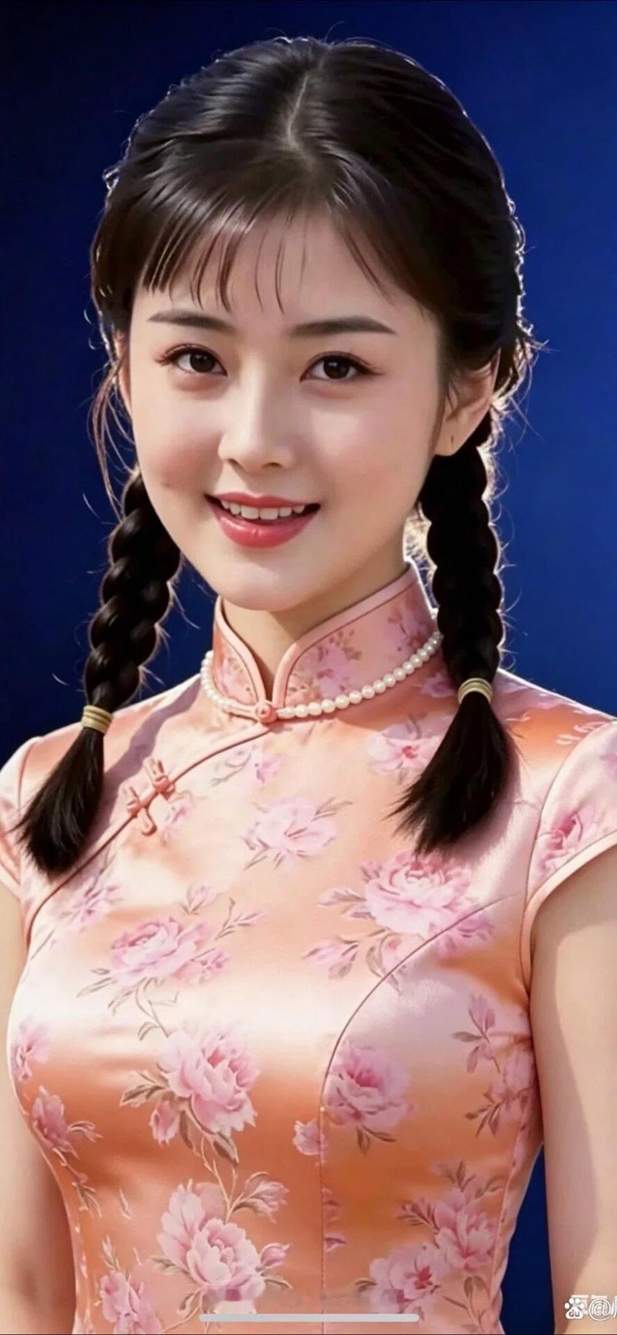 甜美少女风，粉色旗袍，双马尾，微笑迷人