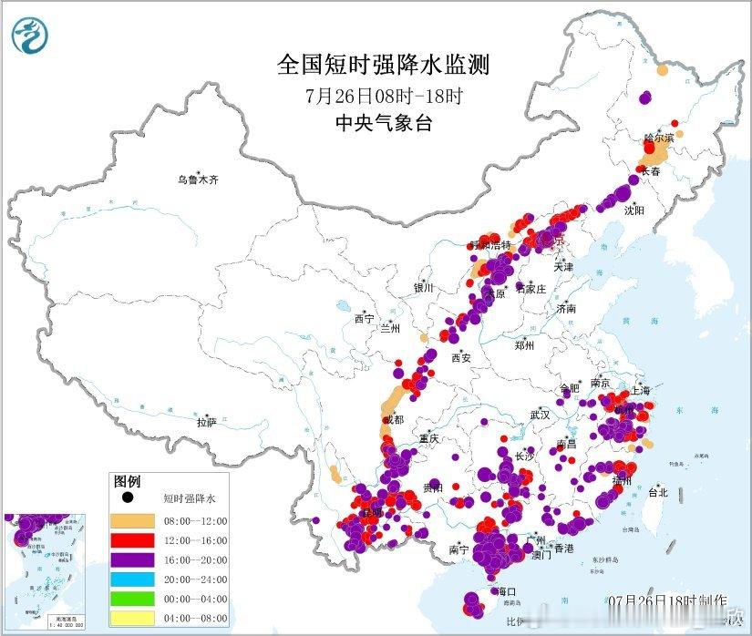 【强对流】今天在华东华南西南以及华北东北，围绕着高压区边缘，形成不少短时强降雨。