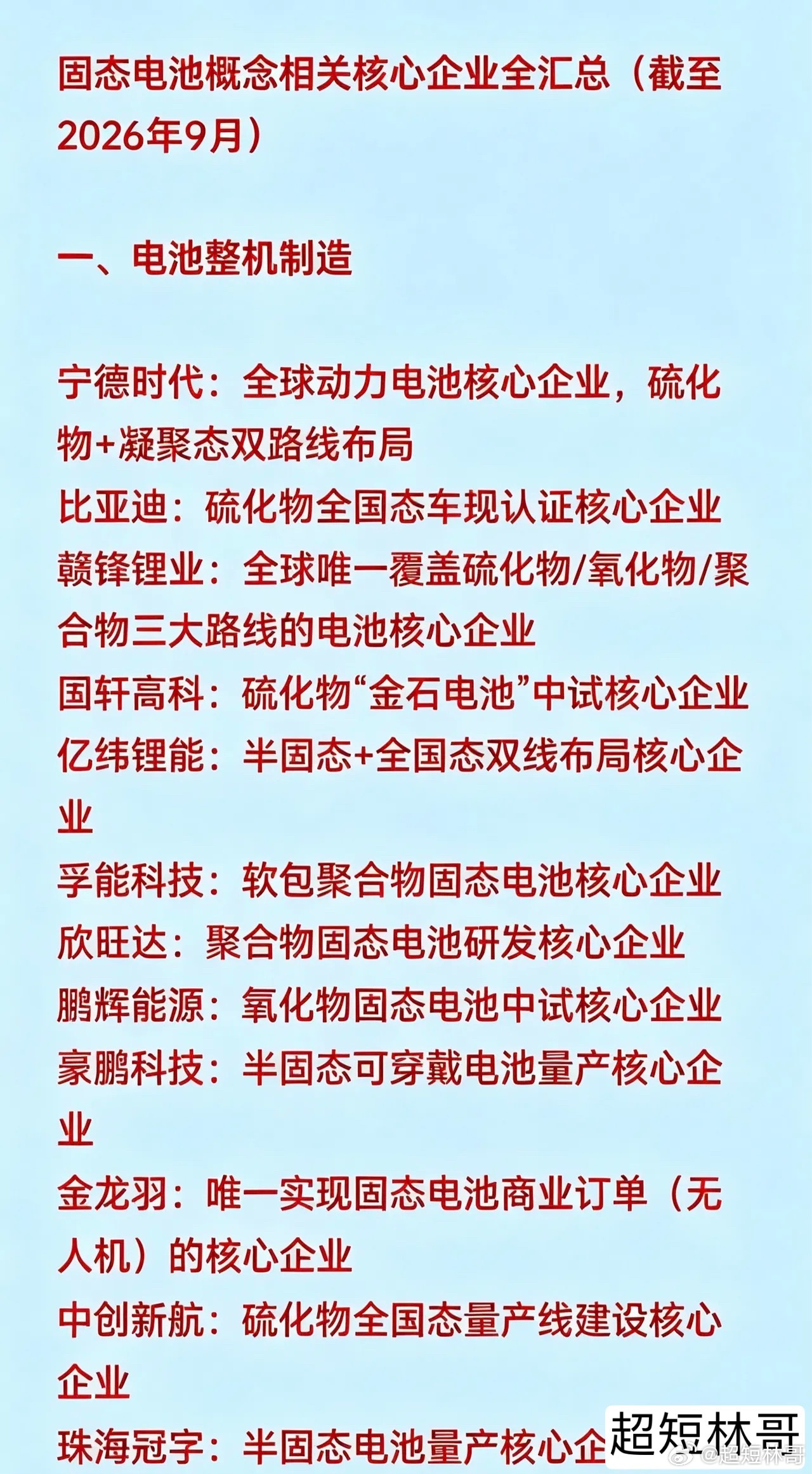 固态电池中的那些核心企业一、电池整机制造宁德时代：全球动力电池核心企业，硫化物+凝聚态双路线布局比亚