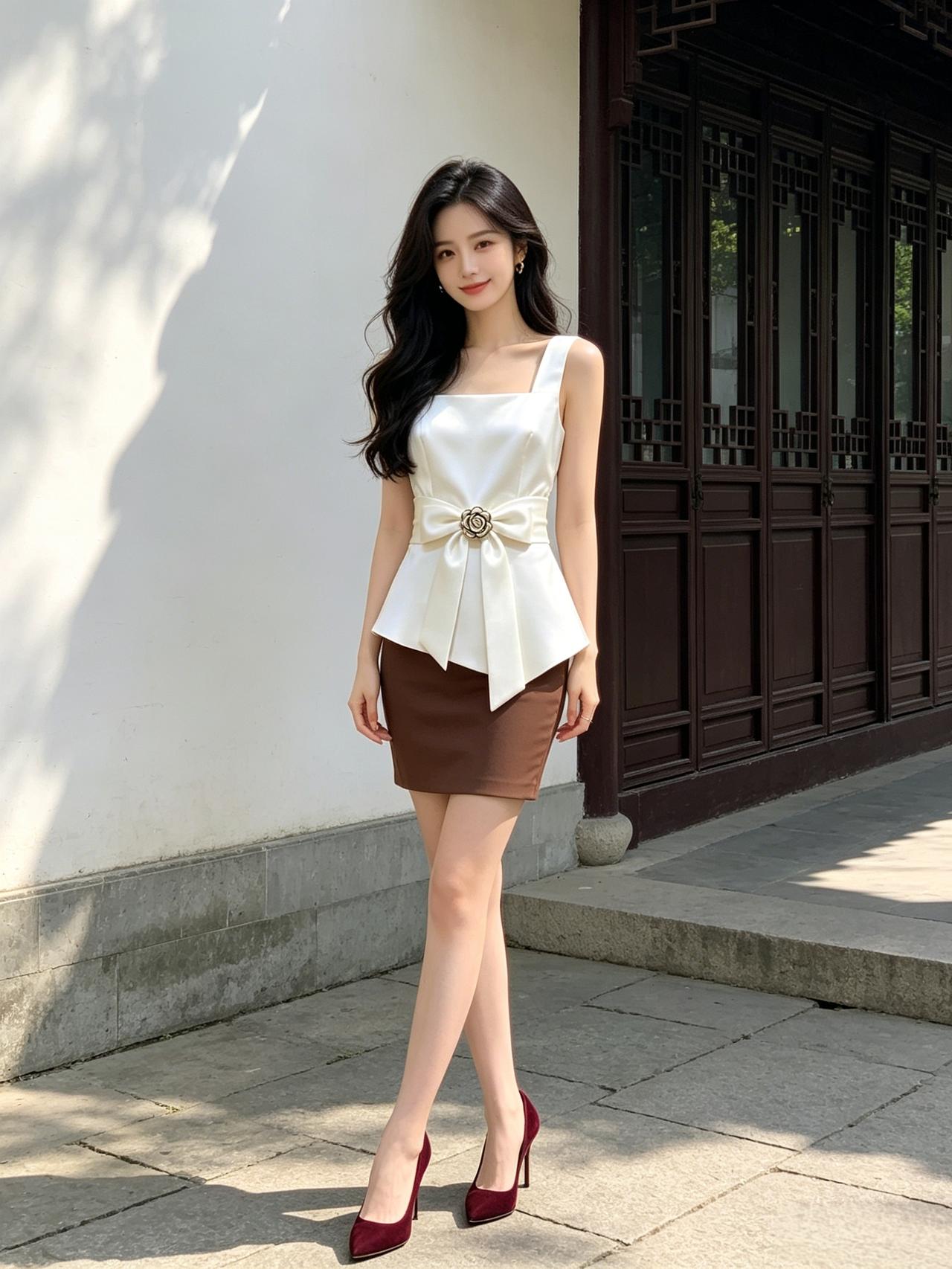 女人如何穿出含蓄的性感?白色无袖小外套，咖啡色短裙配红鞋，腰间蝴蝶结轻盈一转，