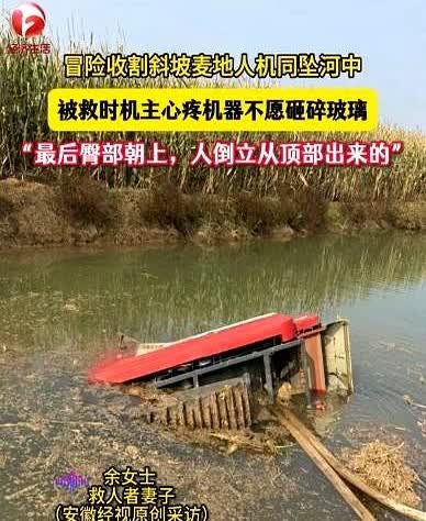 太让人心疼了！安徽灵璧，一收割机车主在收割斜坡上的麦子地时，结果倒车没刹