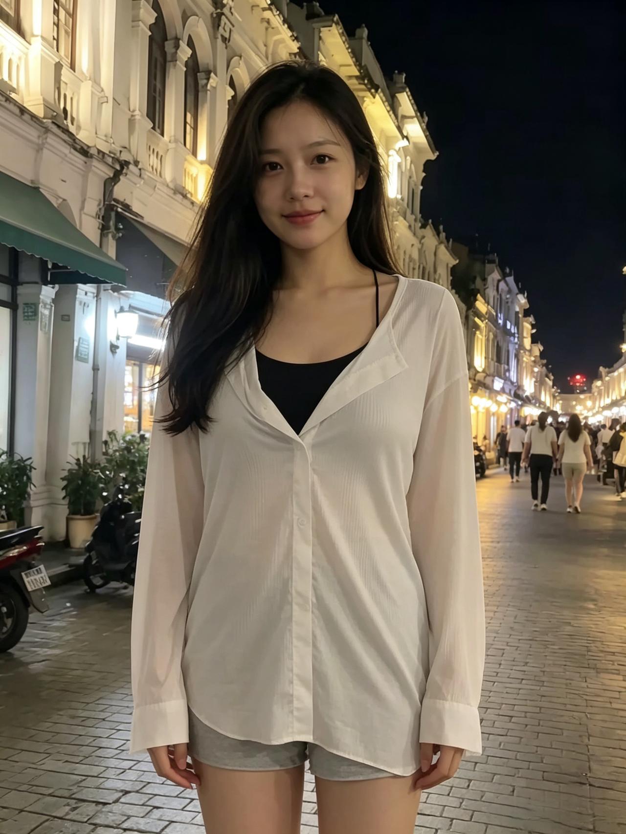 夜街灯影暖，缓步玉人来。眉目含春气，清风拂面开。