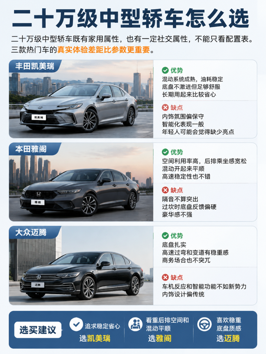 二十万级中型轿车怎么选二十万级中型轿车既有家用属性，也有一定社交属性，不能只看配置表。三款热门车的真