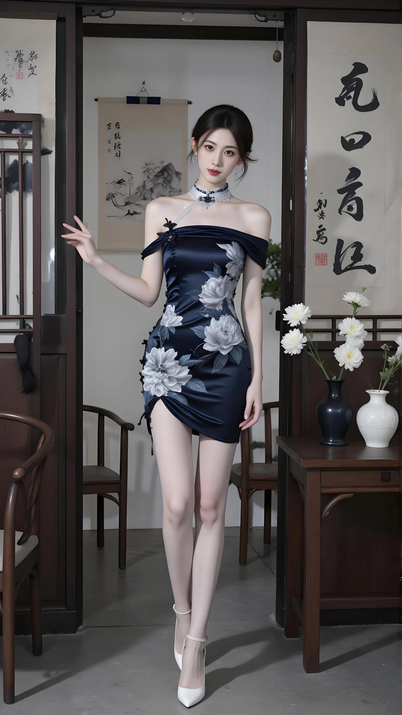 斜肩微露凝脂腻,缎面流云绕牡丹。幽兰书味浸香骨,明月清风入画看。墨底旗袍开