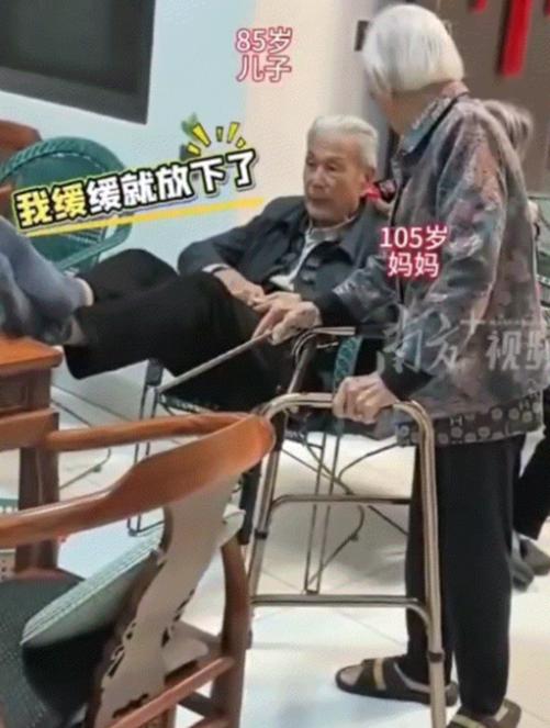 真让人羡慕！在福建，85岁的儿子正悠哉地翘着二郎腿，没成想被105岁的老母亲抓了