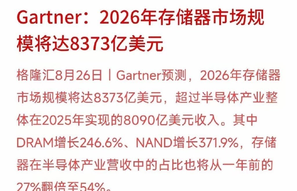 你敢信？明年全球卖芯片赚的钱，超一半都要被做存储芯片的拿走！权威机构Gartner预测，2026年存