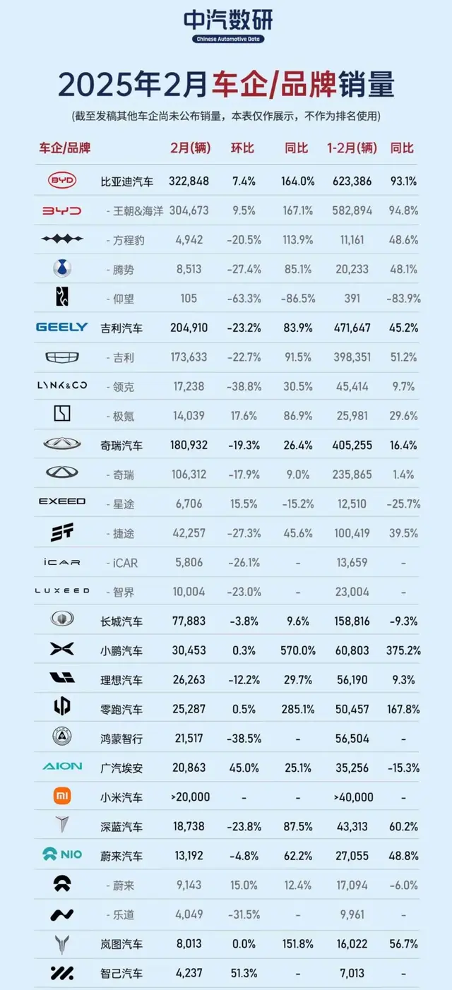 2月车企销量排名出炉: 比亚迪一骑绝尘, 自主品牌分化加剧