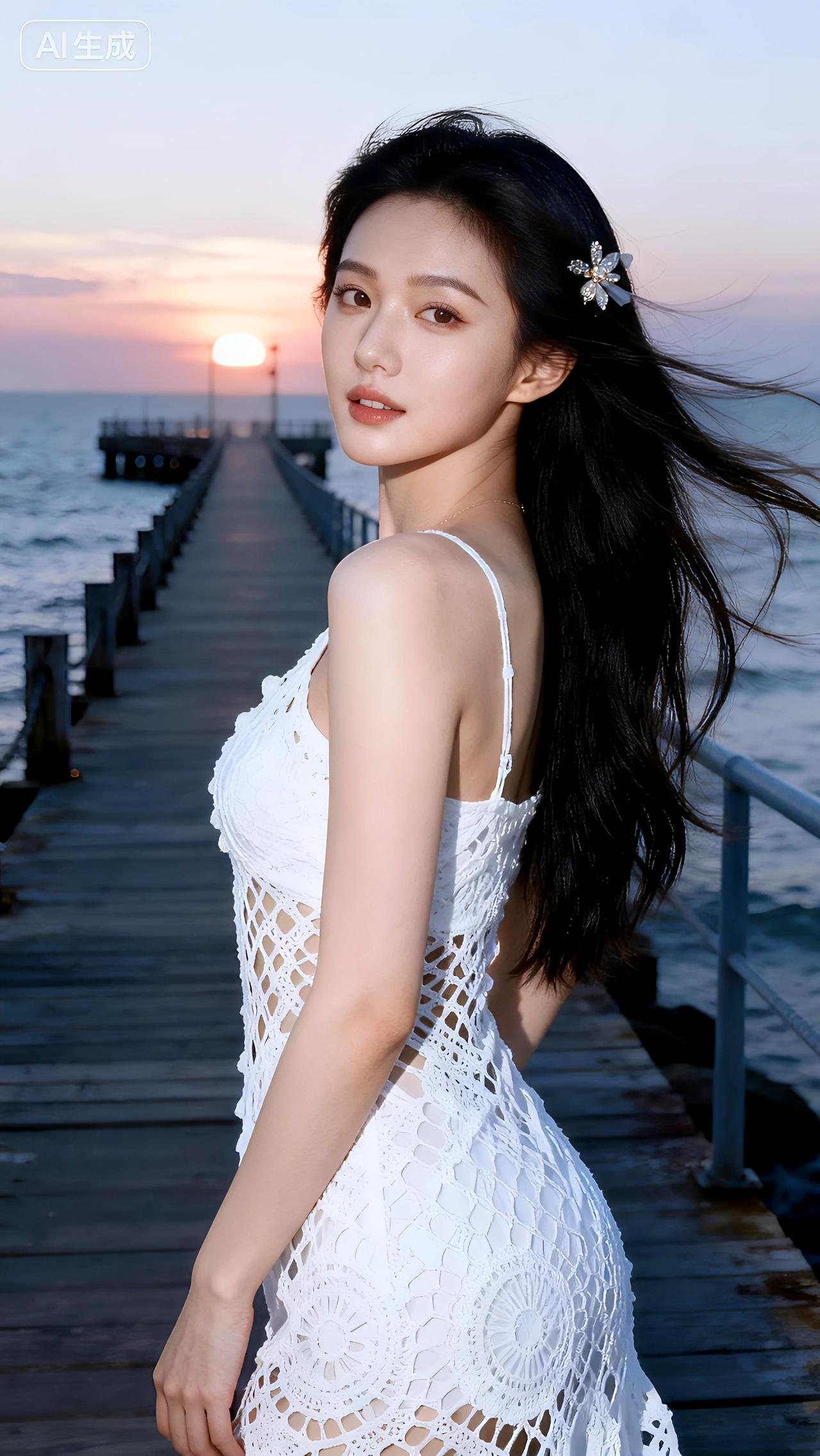 浪染暮色白裙翩，风起发梢似少年。豆包壁纸