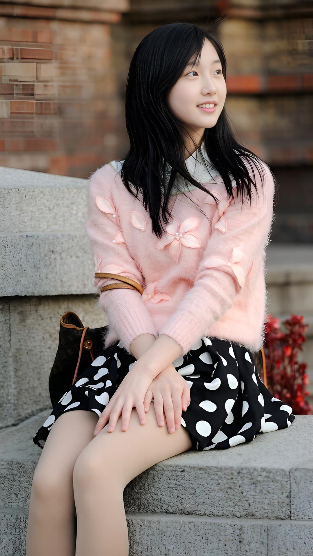 少女心爆棚的粉色毛衣搭配黑色波点裙，甜美可爱！💕👗👗