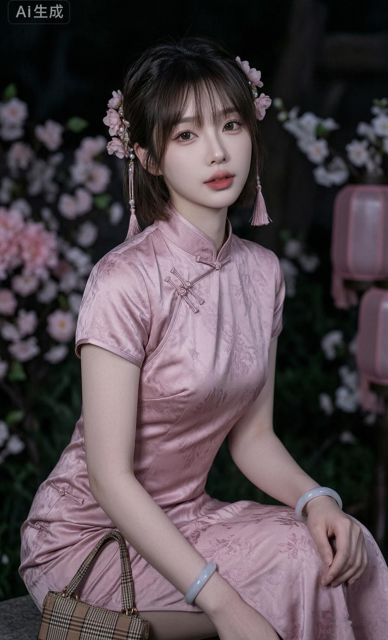 粉嫩旗袍少女，花间漫步，优雅动人