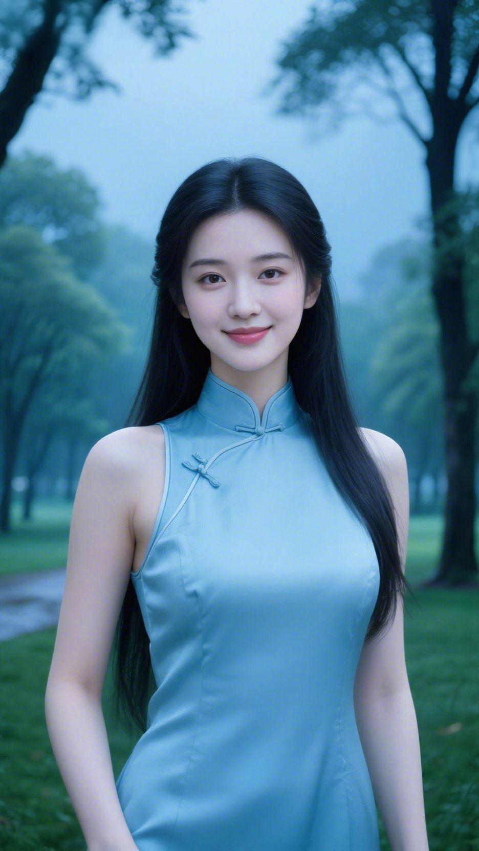 《烟林青裳浸清柔》雨雾轻笼的林野间，她身着青蓝旗袍立着，似将晨间雾色揉作了