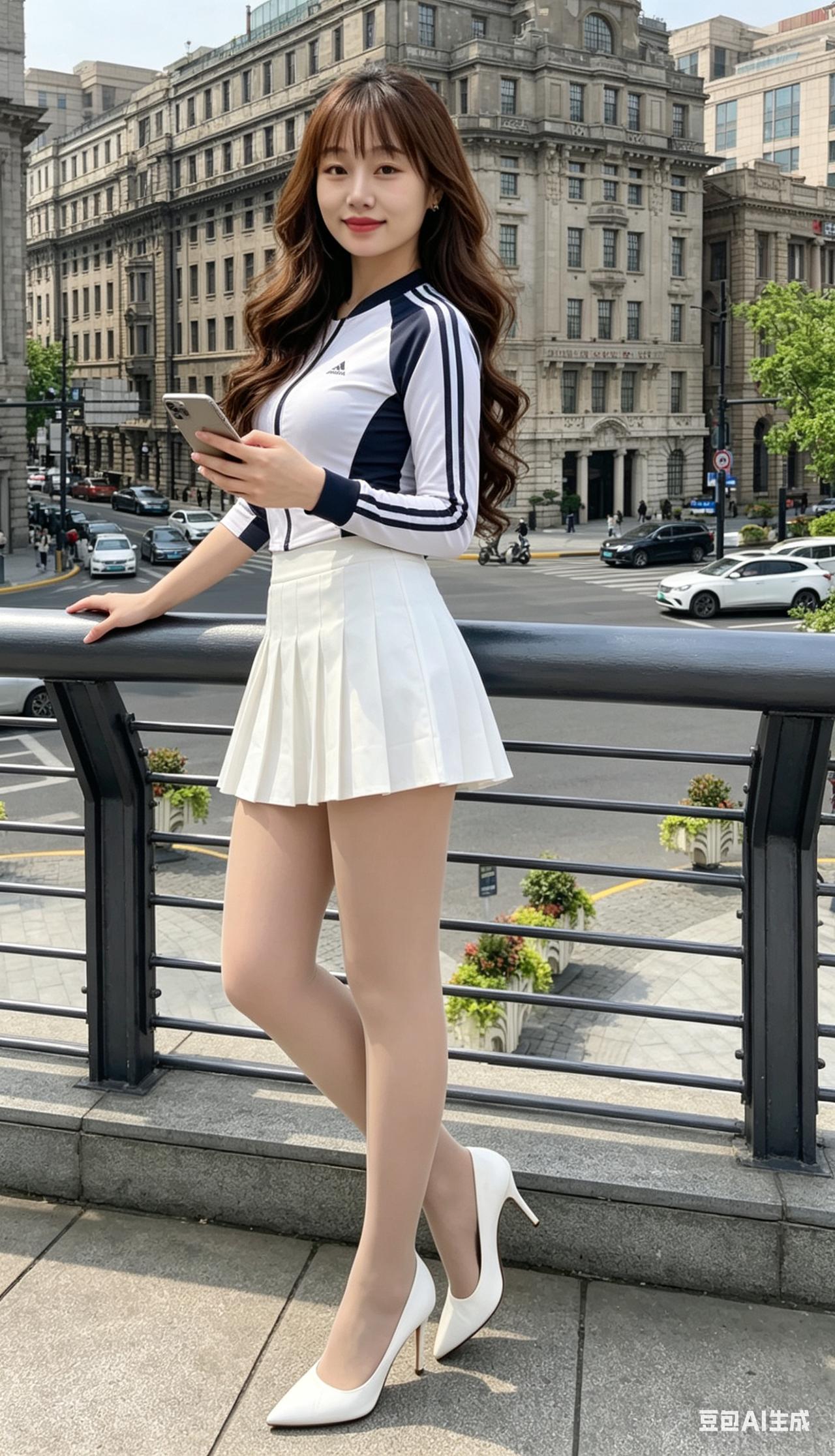 棕褐大波浪长发女子倚靠栏杆，着运动上衣，搭配白色百褶超短裙、白高跟与肤色丝袜。一