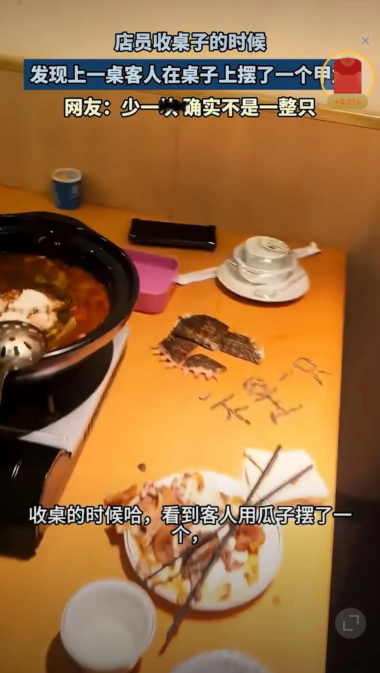 哈哈，店员收桌子的时候，发现上一桌客人在桌子上用瓜子摆了一个甲鱼，说不是一只，店