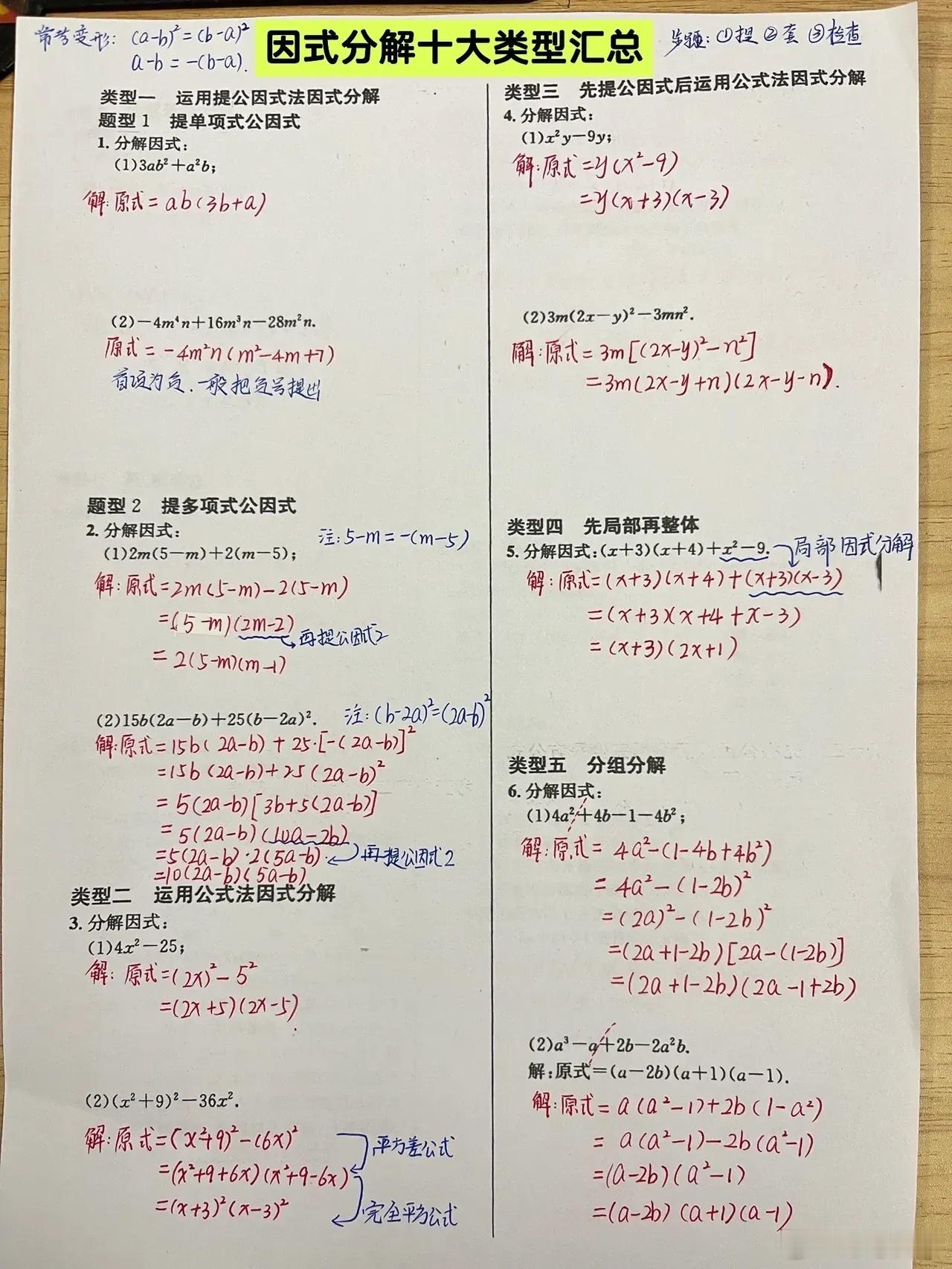 初中数学因式分解10大题型汇总！