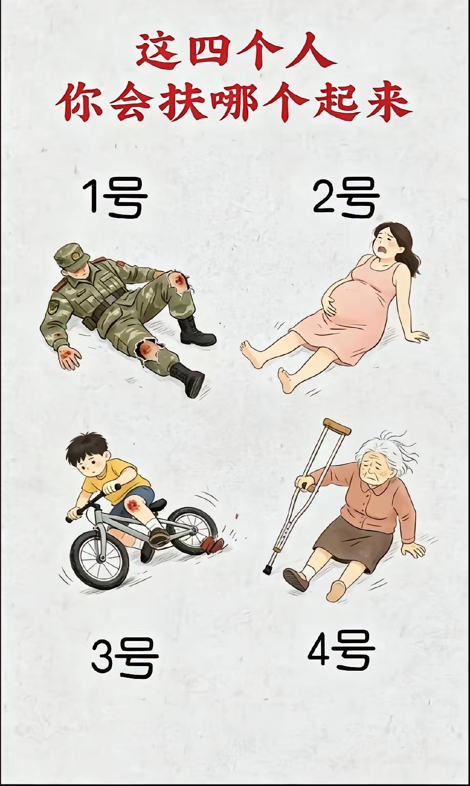 有以下4人倒在地上了，您会扶哪个，为何？
