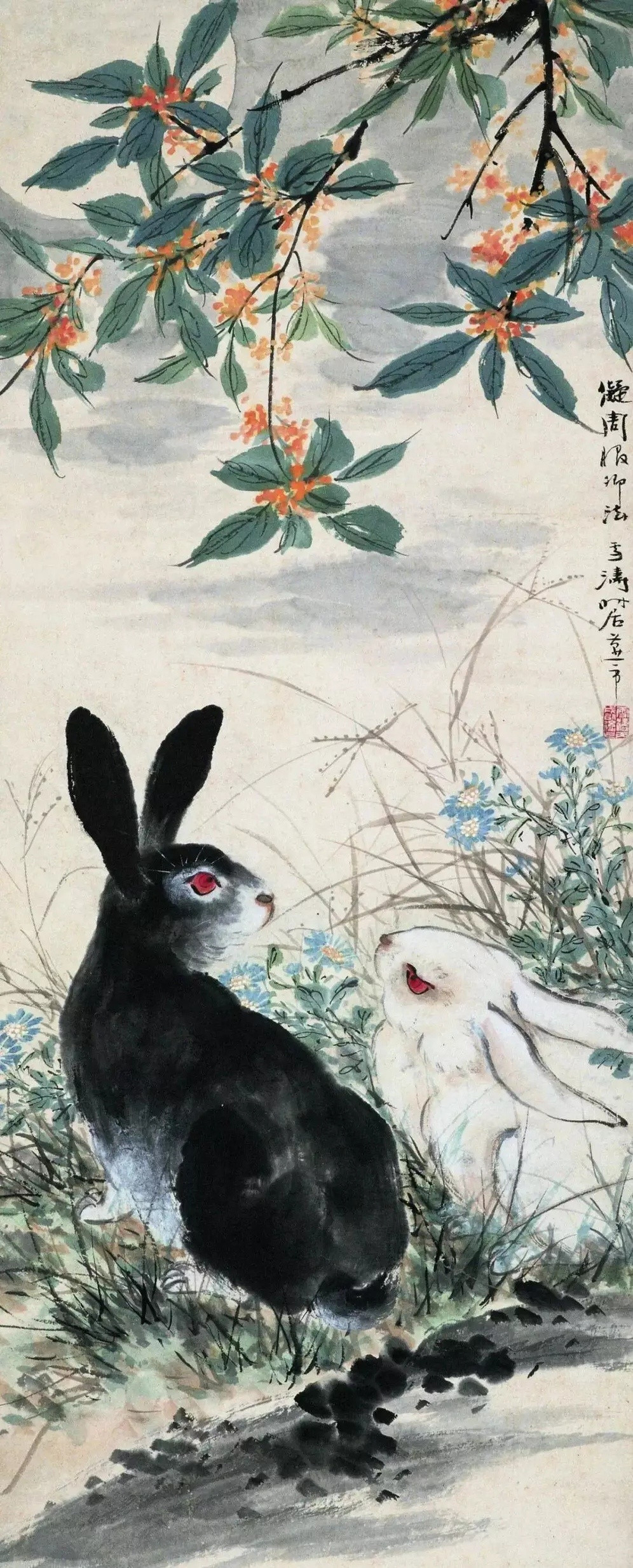 王雪涛桂花双兔。王雪涛（1903-1982），现代中国卓有成就的花鸟画大师，以