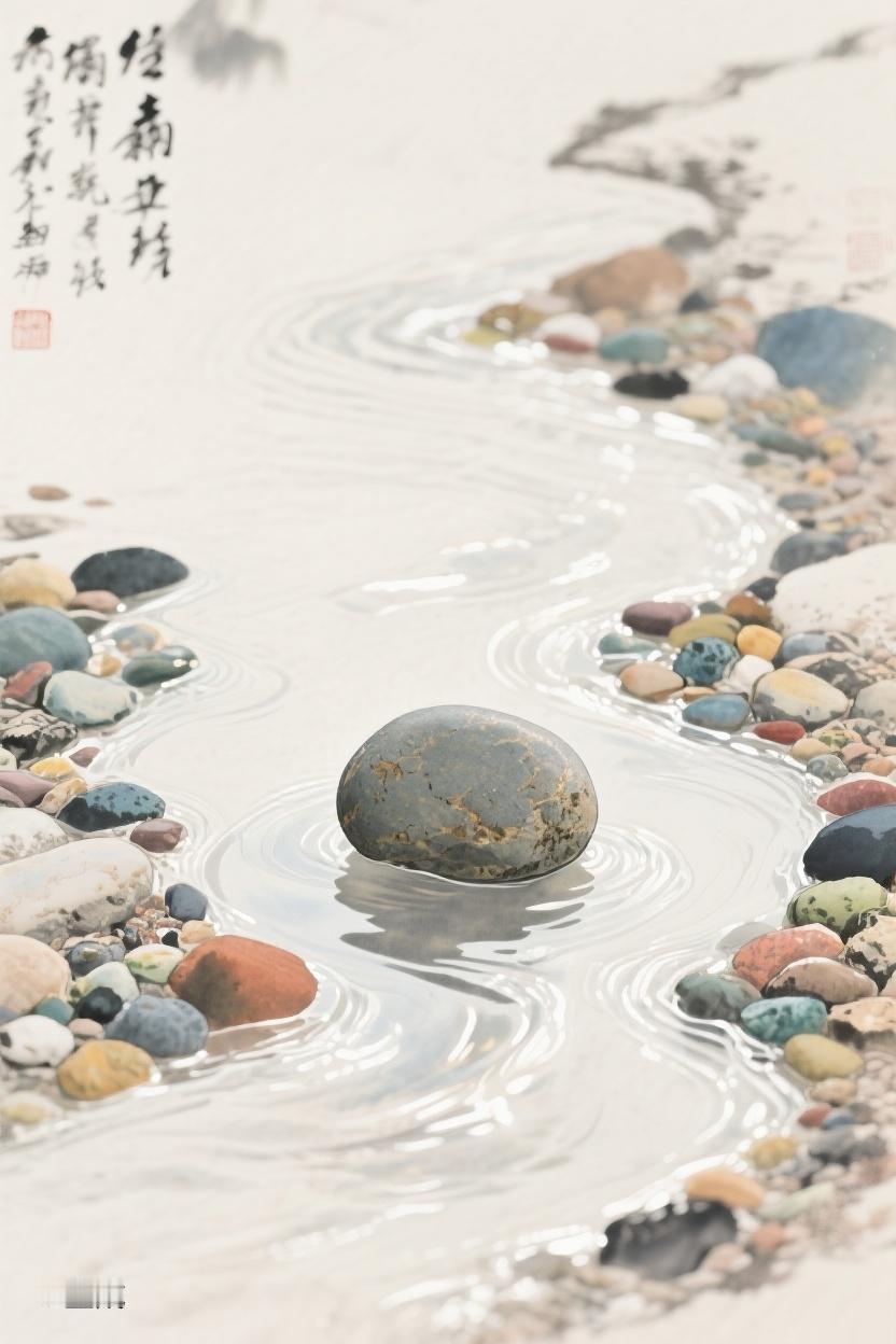 AI随心绘静卧水中的卵石，似岁月的沉思者，于涟漪间见证时光流转，蕴含无尽温柔与力