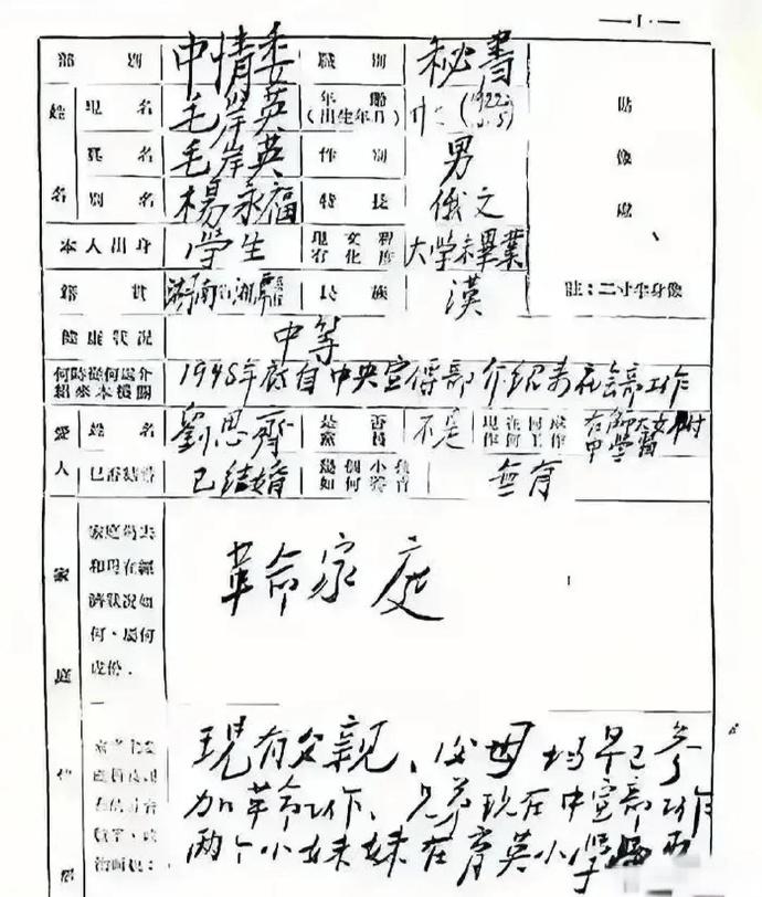 毛岸英抗美援朝前亲手写的简历～这字，颇有伟人的风范！！