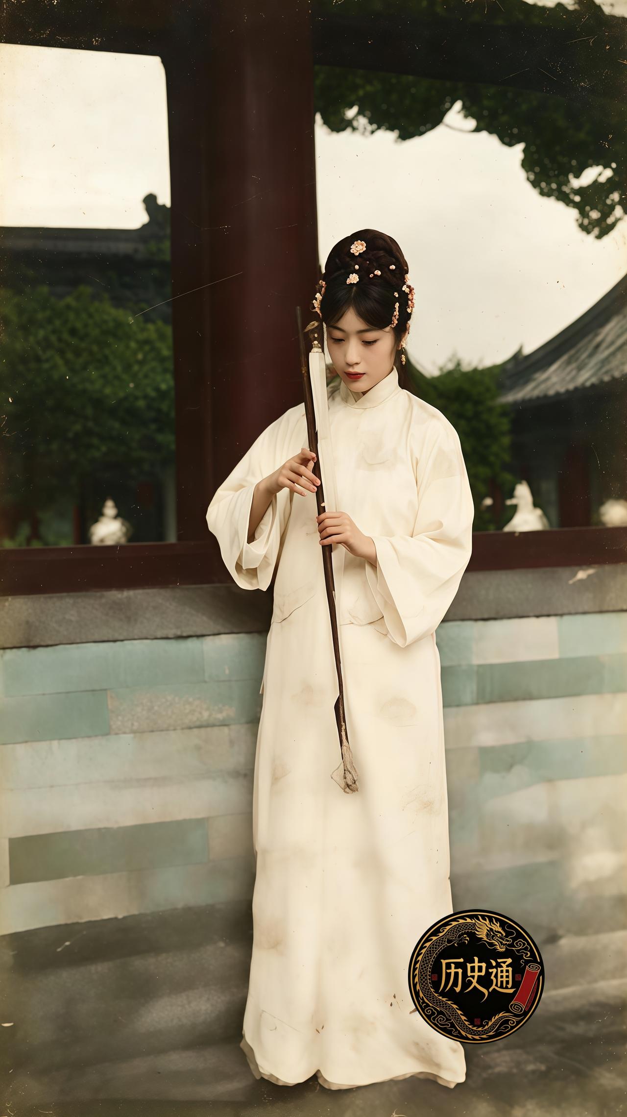 这是清朝颜值最高皇后婉容穿着素色旗装，发髻上簪着几朵花饰，独自立在门窗旁。她手里