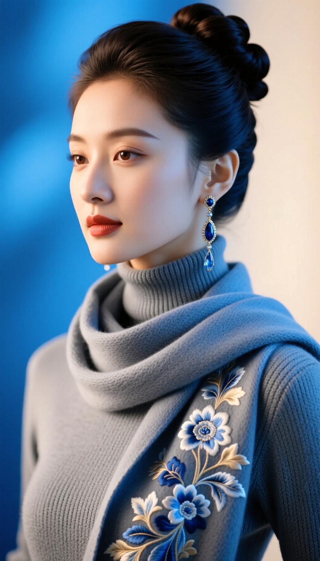 优雅蓝调，精致妆容，复古耳环，时尚穿搭